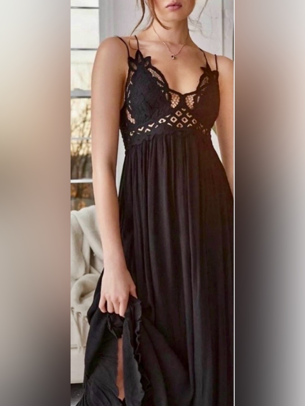 Free People Adella Maxi Slip Dress in Black M